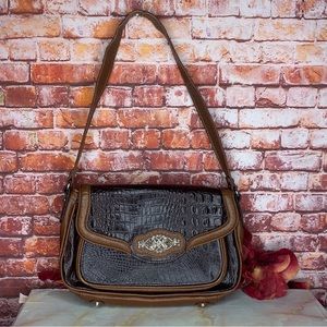 M.C. Tan and Brown Croc Embossed Leather Western Boho Shoulder Bag